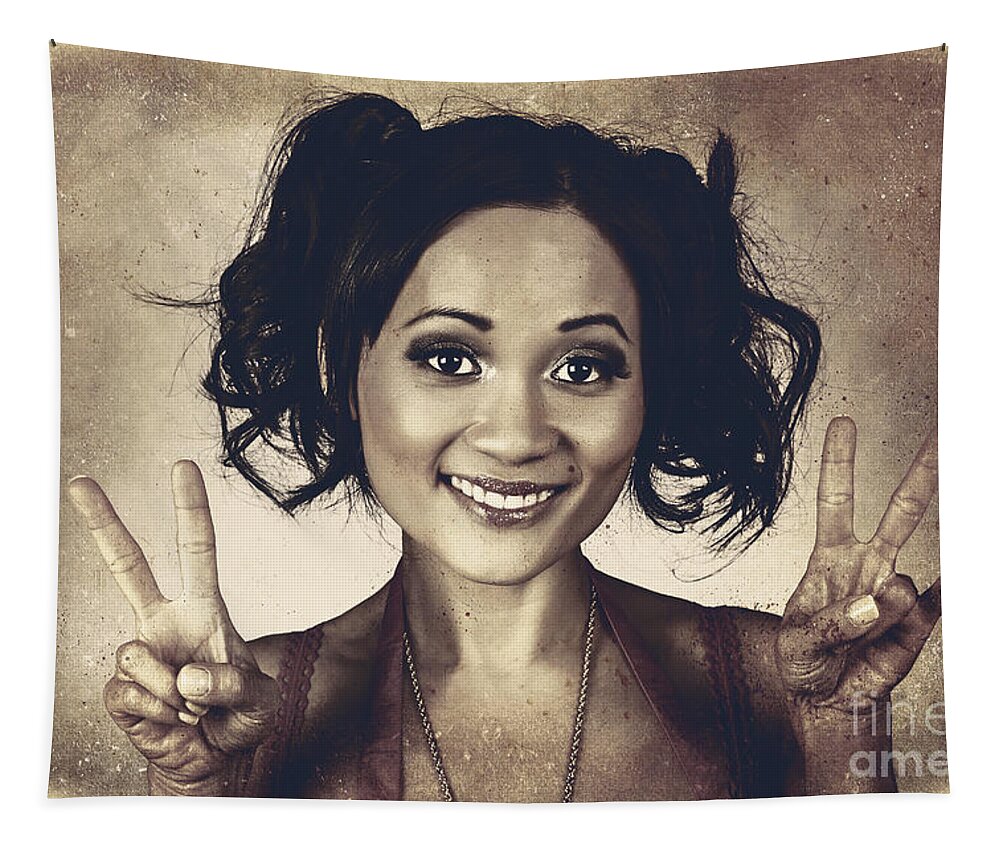 Peace Tapestry featuring the photograph Vintage 50s asian woman showing peace sign on hand by Jorgo Photography