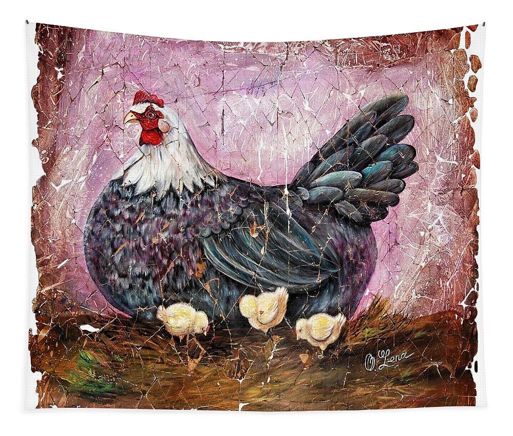  Mosaic Tapestry featuring the digital art Vintage Blue Hen with Chicks Fresco by Lena Owens - OLena Art Vibrant Palette Knife and Graphic Design