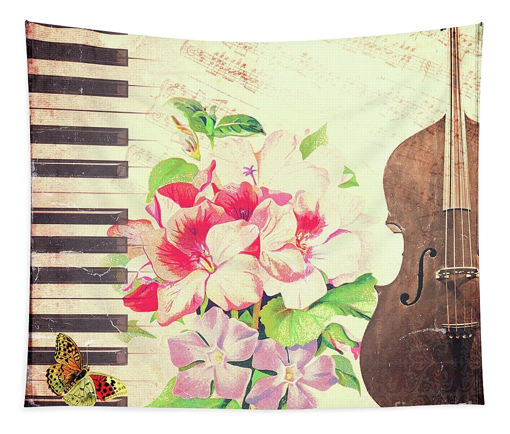 Music Tapestry featuring the mixed media Piano and cello vintage music collage by Delphimages Photo Creations