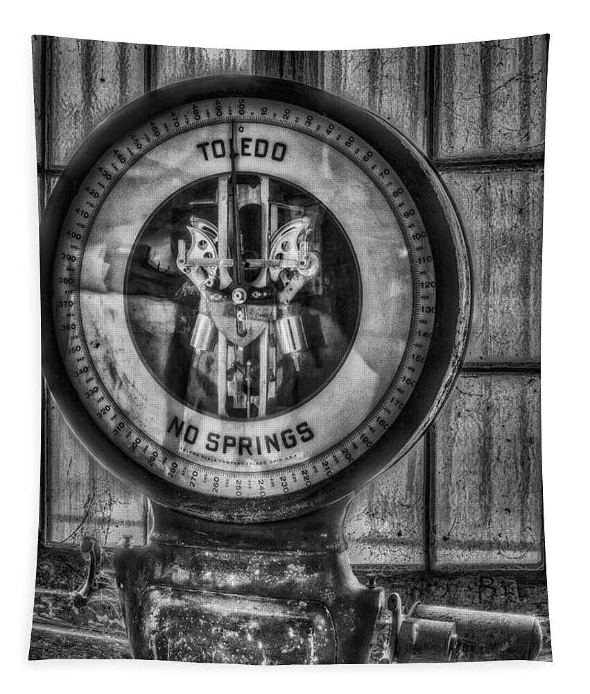 Toledo No Springs Scale Tapestry featuring the photograph Vintage Toledo No Springs Scale BW by Susan Candelario