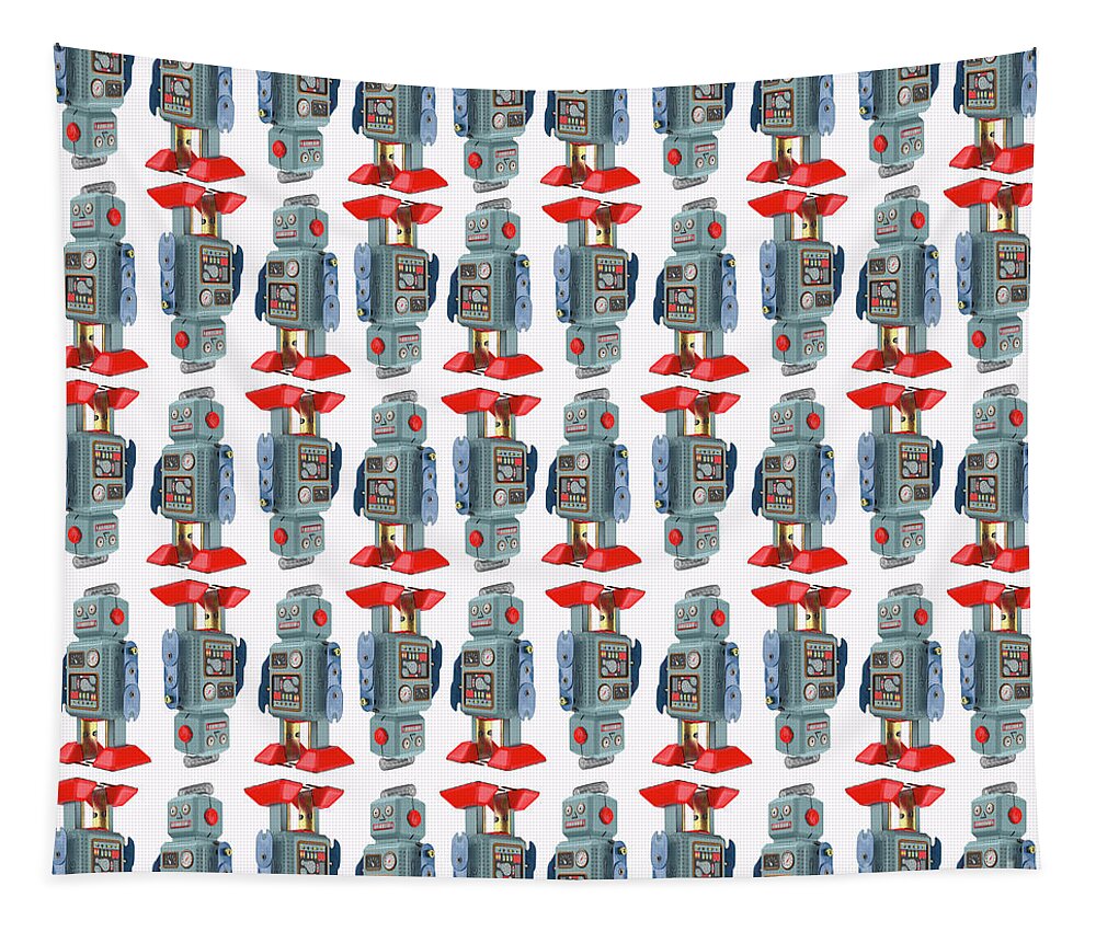 Robot Tapestry featuring the digital art Vintage Toy Tin Robots Pattern by Edward Fielding