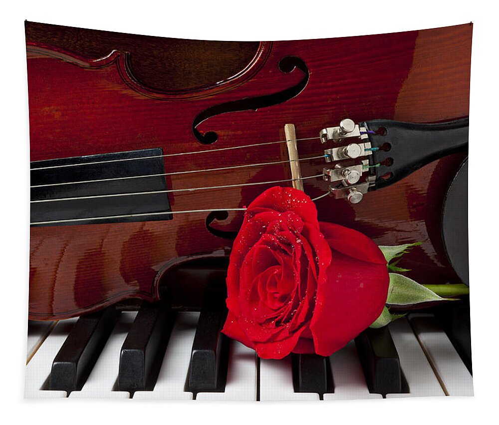 Violin Tapestry featuring the photograph Violin and rose on piano by Garry Gay