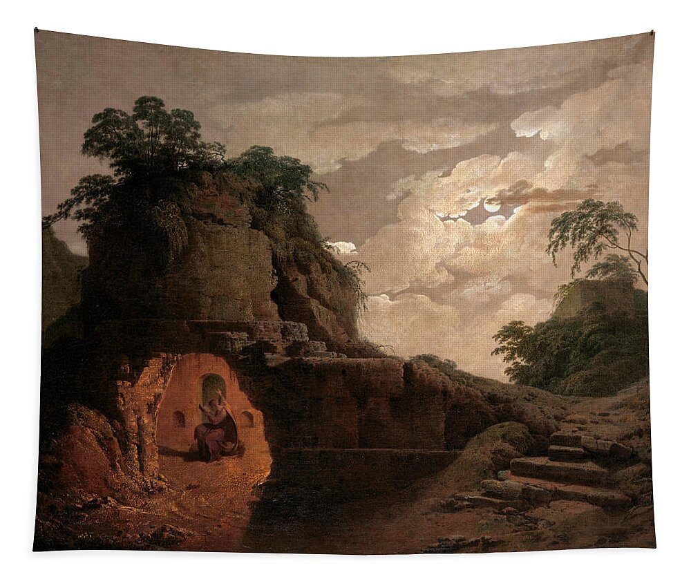 Joseph Wright Of Derby Tapestry featuring the painting Virgil's Tomb by Moonlight with Silius Italicus Declaiming by Joseph Wright of Derby