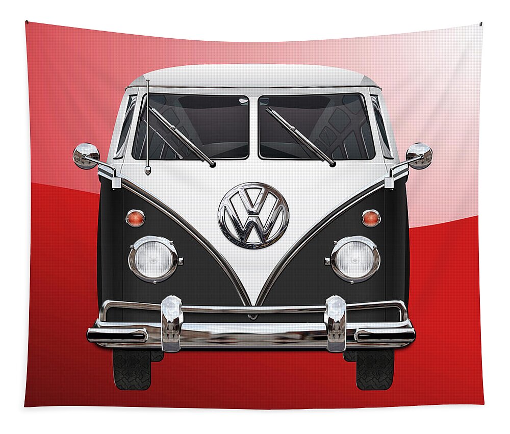 'volkswagen Type 2' Collection By Serge Averbukh Tapestry featuring the digital art Volkswagen Type 2 - Black and White Volkswagen T 1 Samba Bus on Red by Serge Averbukh