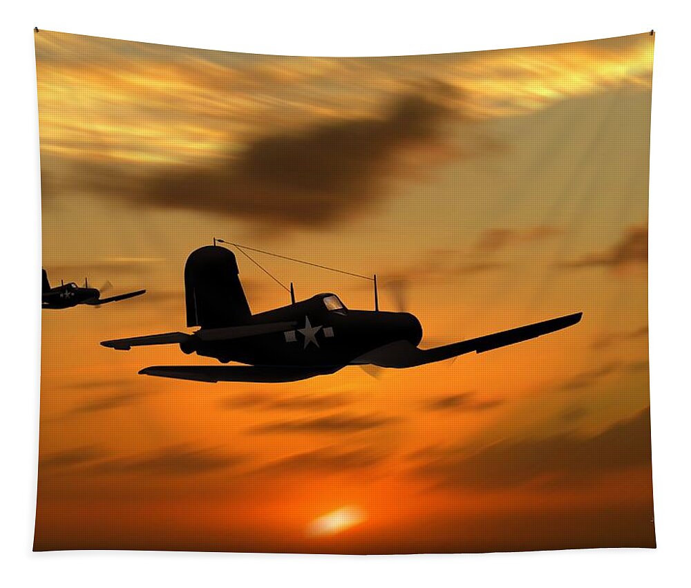 Chance Vought Corsair Tapestry featuring the digital art Vought Corsairs at sunset by John Wills