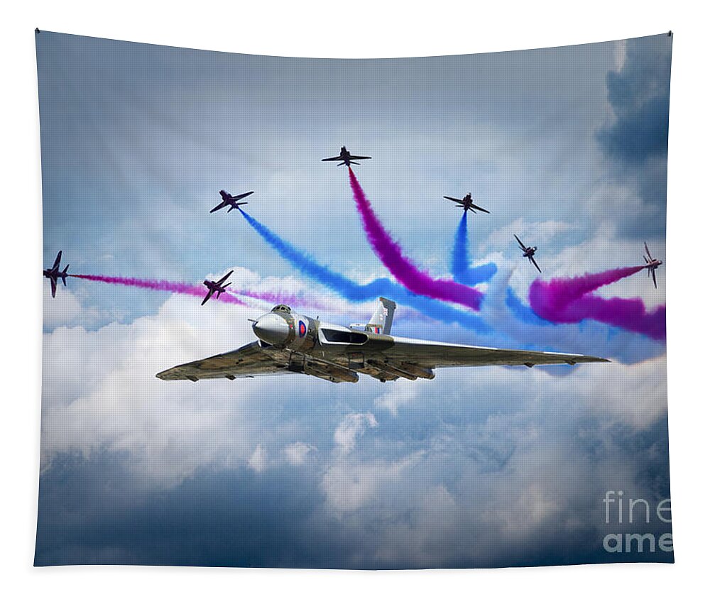 Avro Tapestry featuring the digital art Vulcan Red Arrows Break by Airpower Art