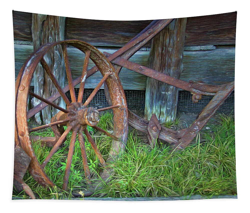 Farm Tapestry featuring the photograph Wagon Wheel and Fence by David and Carol Kelly