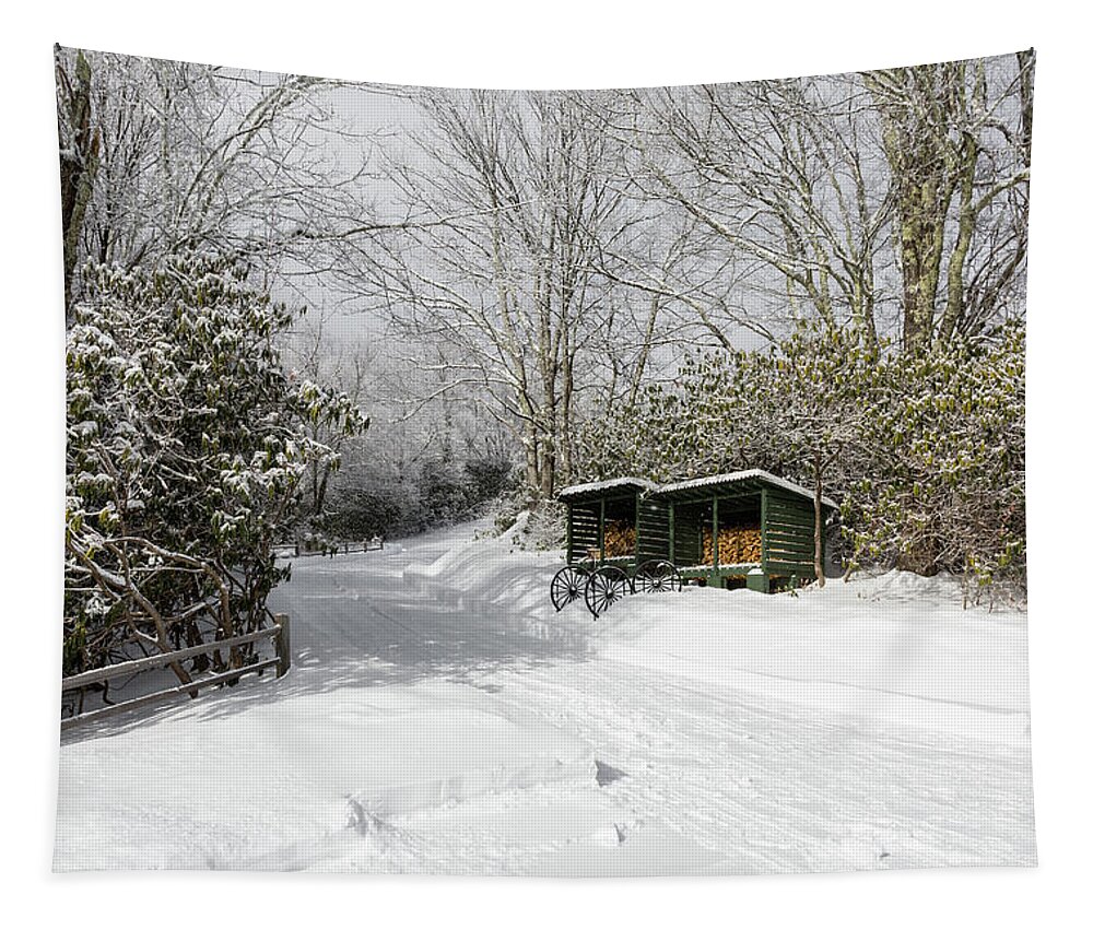 Snow Tapestry featuring the photograph Wagon Wheels and Firewood by D K Wall