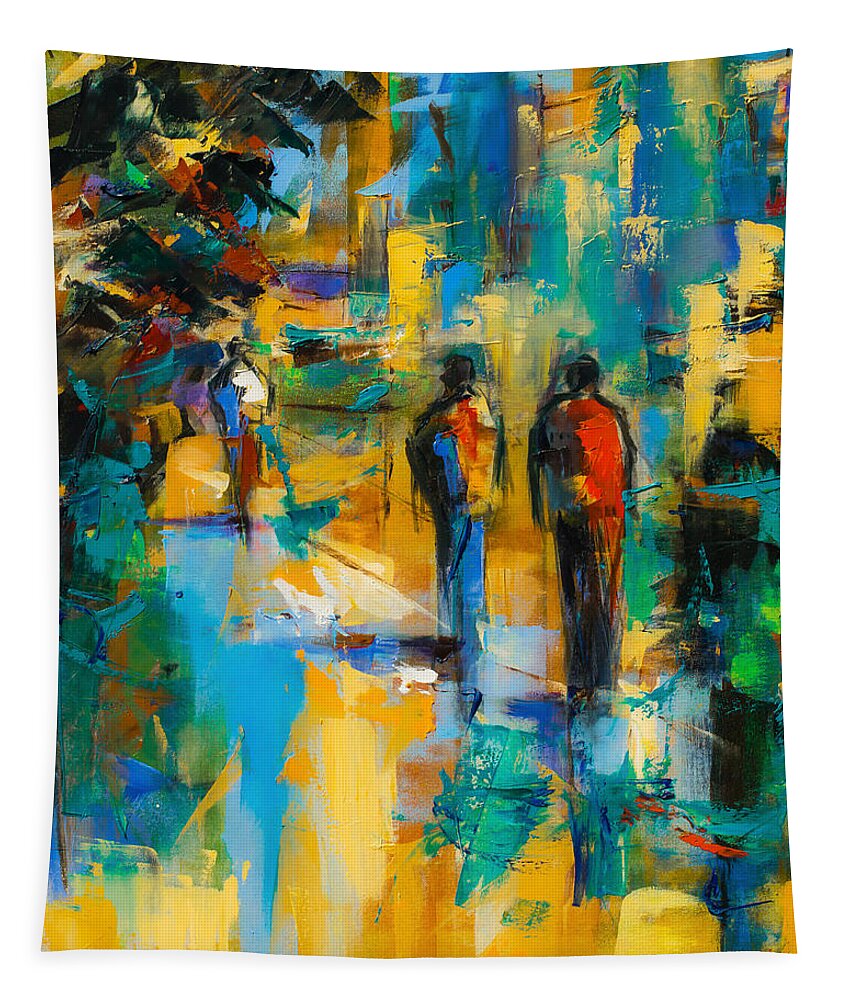 Urban Tapestry featuring the painting Walk in the City by Elise Palmigiani