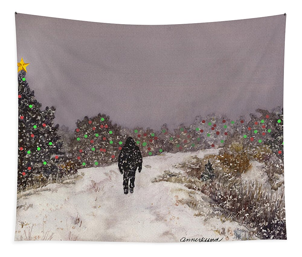 Snowy Painting Tapestry featuring the painting Walking Into the Light by Anne Gifford