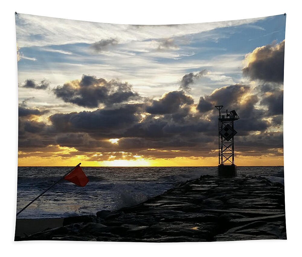 Warning Tapestry featuring the photograph Warning Flag at Sunrise by Robert Banach