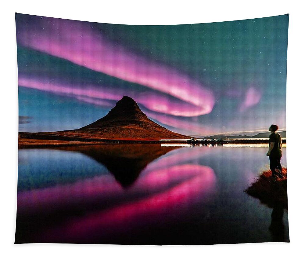 Nature Tapestry featuring the painting Watching pink waves, Pink Northern lights Aurora Borealis by Celestial Images