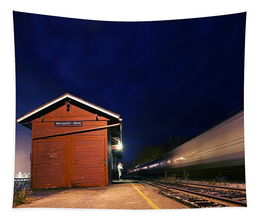 Darin Volpe Railroad Tapestry featuring the photograph Watching the Night Train - Montpelier Junction Vermont by Darin Volpe