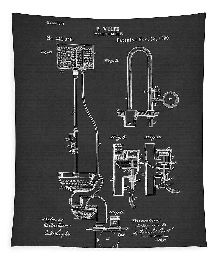Toilet Tapestry featuring the drawing Water Closet Patent Art Black by Prior Art Design