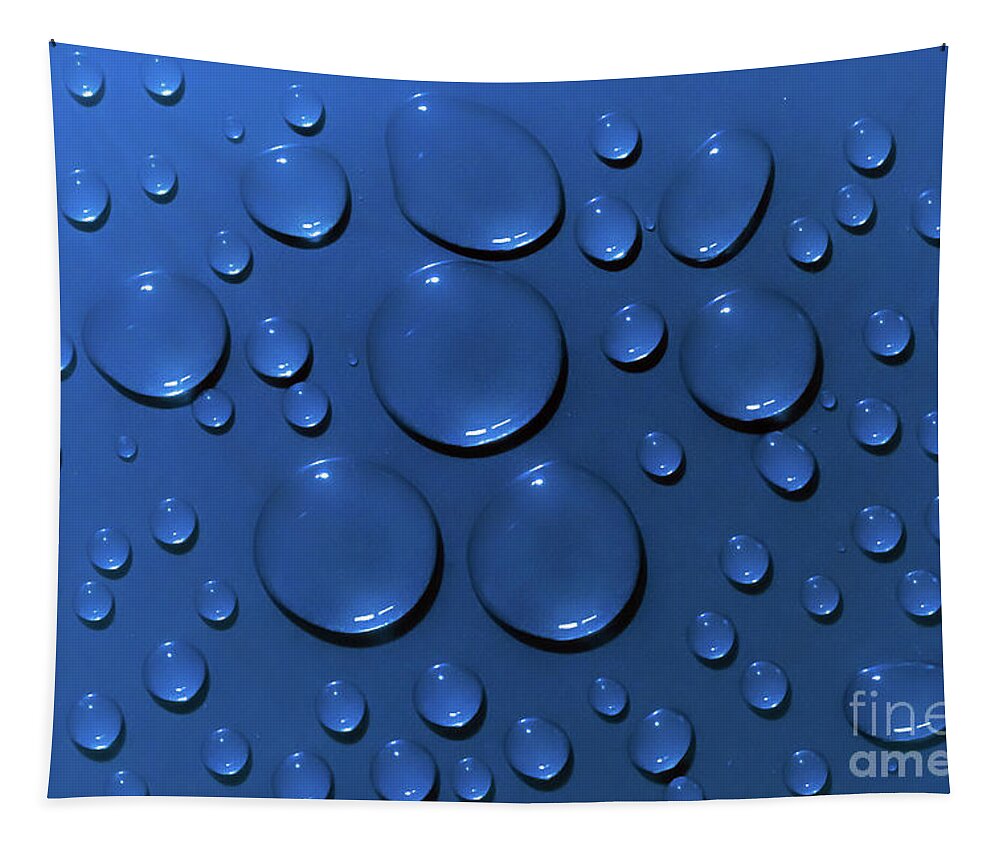 Water Tapestry featuring the photograph Water drops pattern on blue background by Simon Bratt