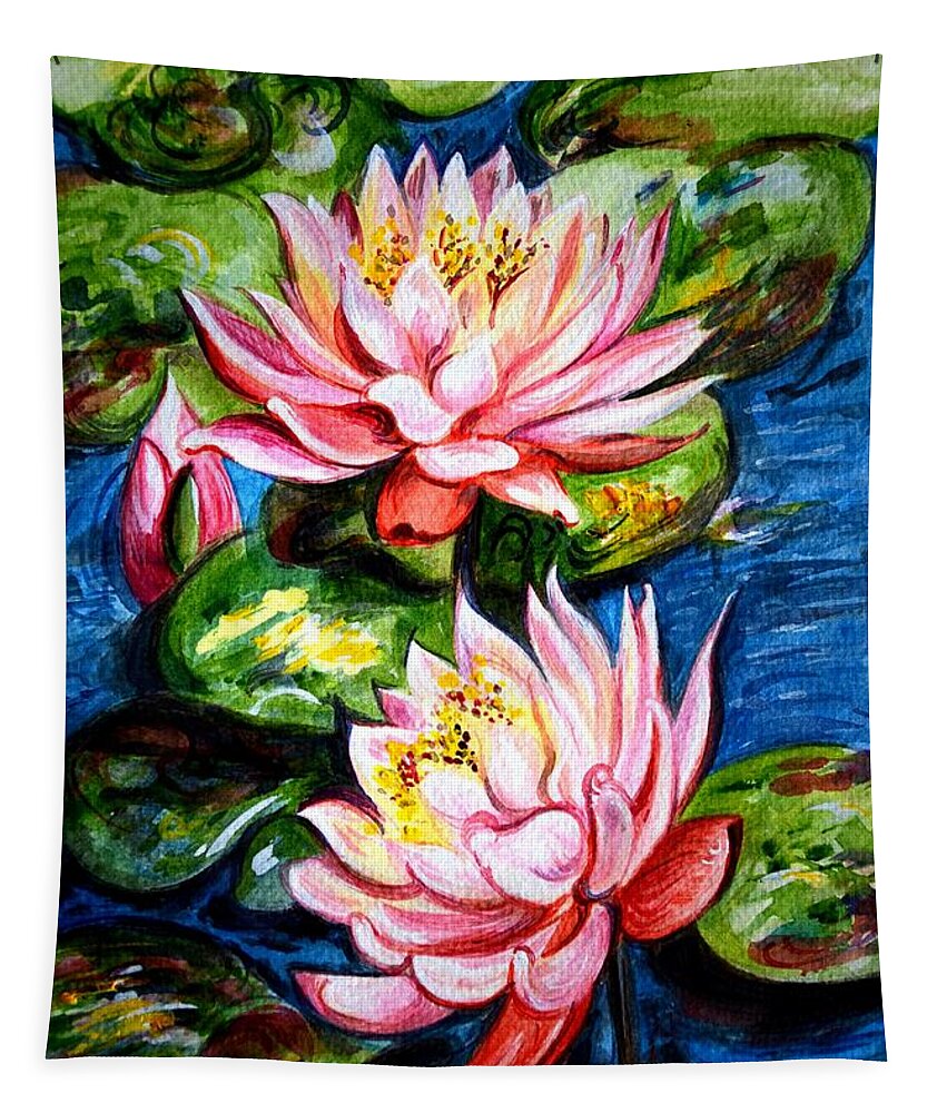 Water Lilies Tapestry featuring the painting Water Lilies by Harsh Malik