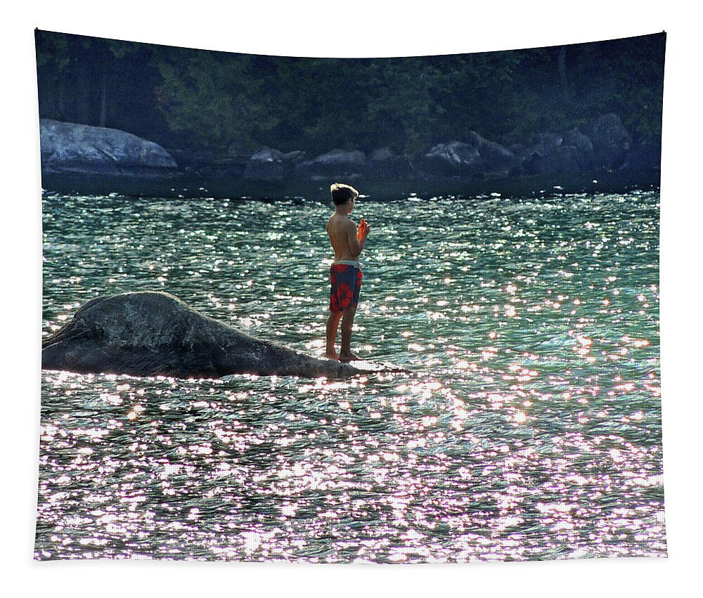Water Glitter Tapestry featuring the photograph Water Sun and Little Boy at Lake Willhouby by Nancy Griswold