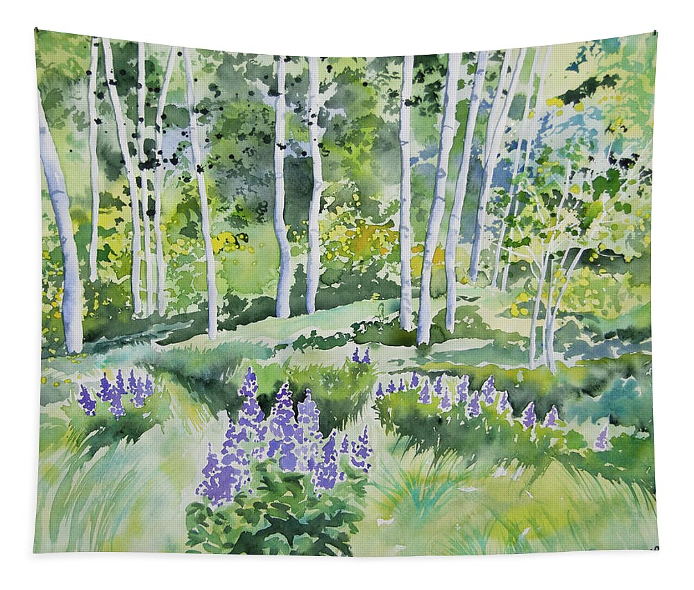 Aspen Tapestry featuring the painting Watercolor - Early Summer Aspen and Lupine by Cascade Colors