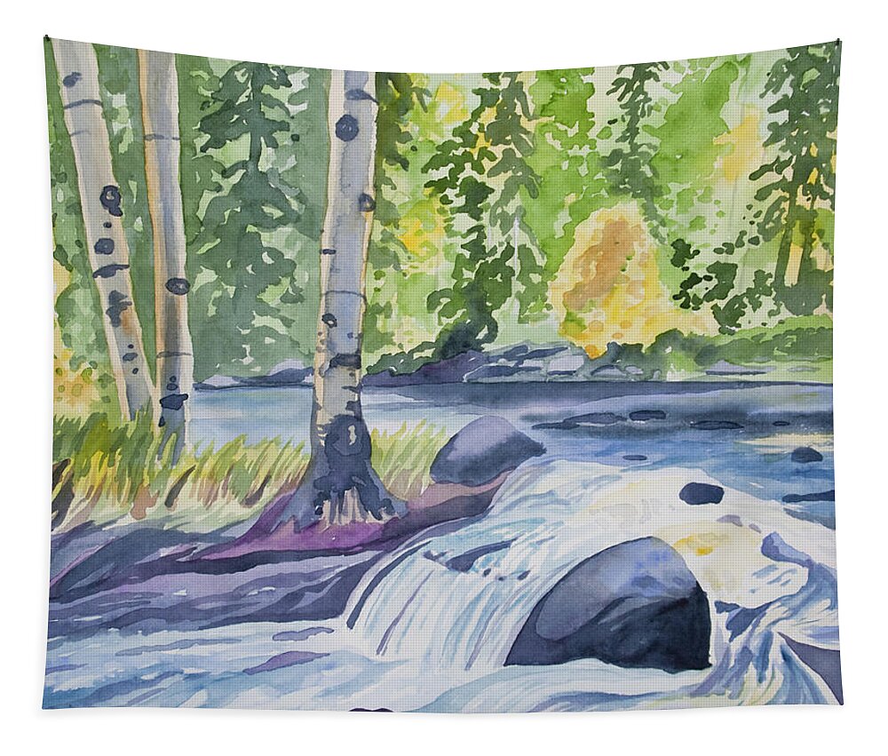 Original Watercolor Tapestry featuring the painting Watercolor - Forest and Stream Landscape by Cascade Colors