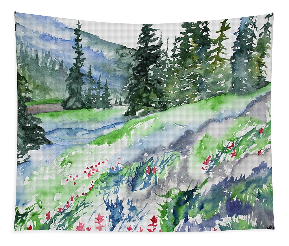 Indian Paintbrush Tapestry featuring the painting Watercolor - Mountain Pines and Indian Paintbrush by Cascade Colors