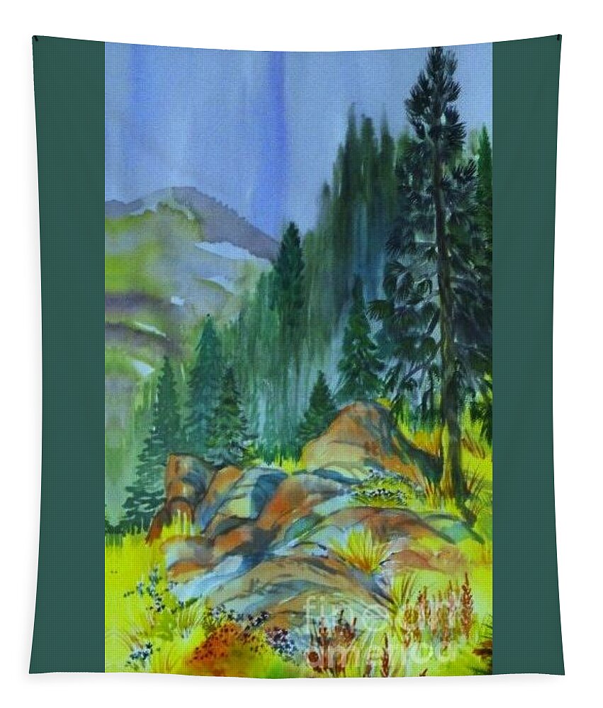 Watercolor Of Forest In Mountains Tapestry featuring the painting Watercolor of Mountain Forest by Annie Gibbons