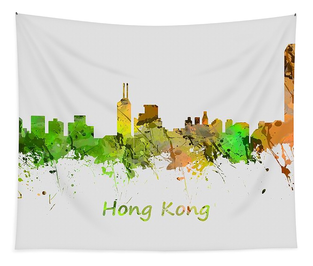 Hong Kong; City Skyline; Watercolour; Watercolour; Urban; Silhouette; Cityscape; Skyline; Digital Art; Home Dcor; Fine Art; Serene; Canvas; Colourful; Art; Prints; Buy Tapestry featuring the painting Watercolor Skyline of Hong Kong by Chris Smith