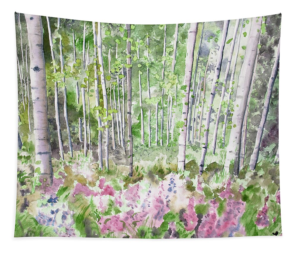 Aspen Tapestry featuring the painting Watercolor - Summer Aspen Glade by Cascade Colors