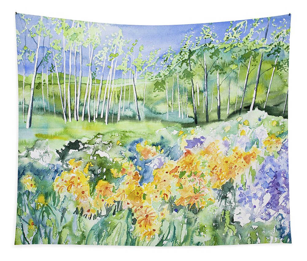 Sunflower Tapestry featuring the painting Watercolor - Sunflower, Lupine, and Aspen Landscape by Cascade Colors