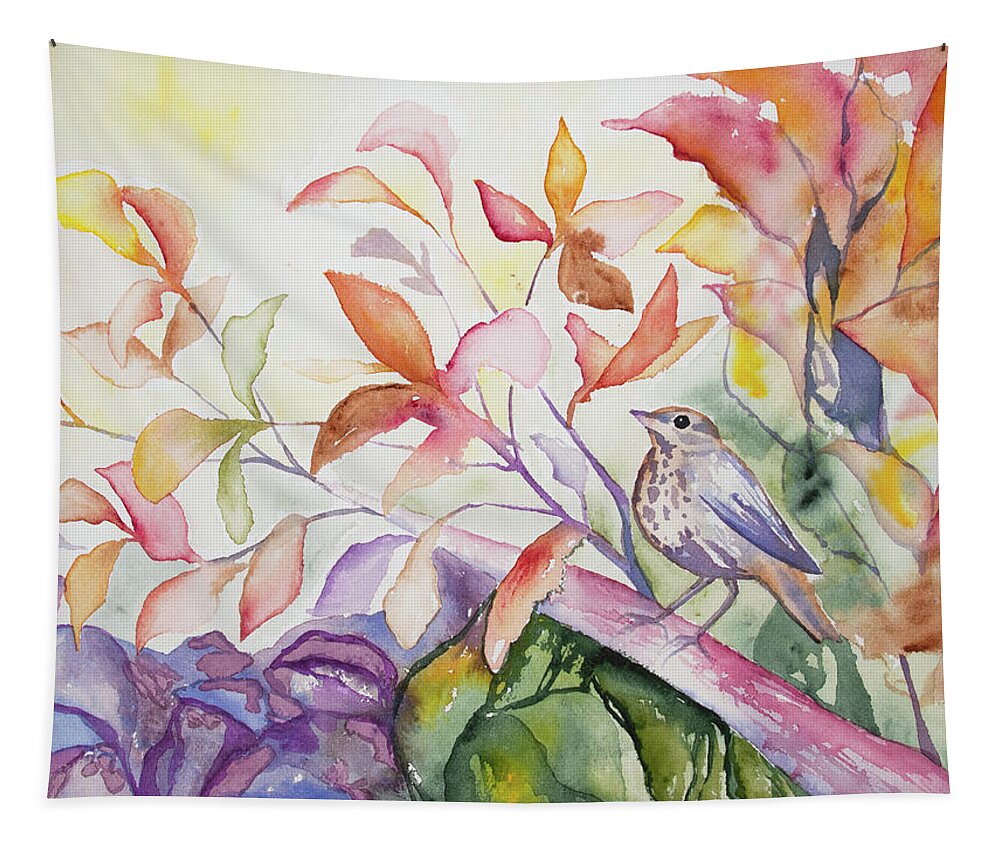 Thrush Tapestry featuring the painting Watercolor - Thrush with Autumn Leaves by Cascade Colors