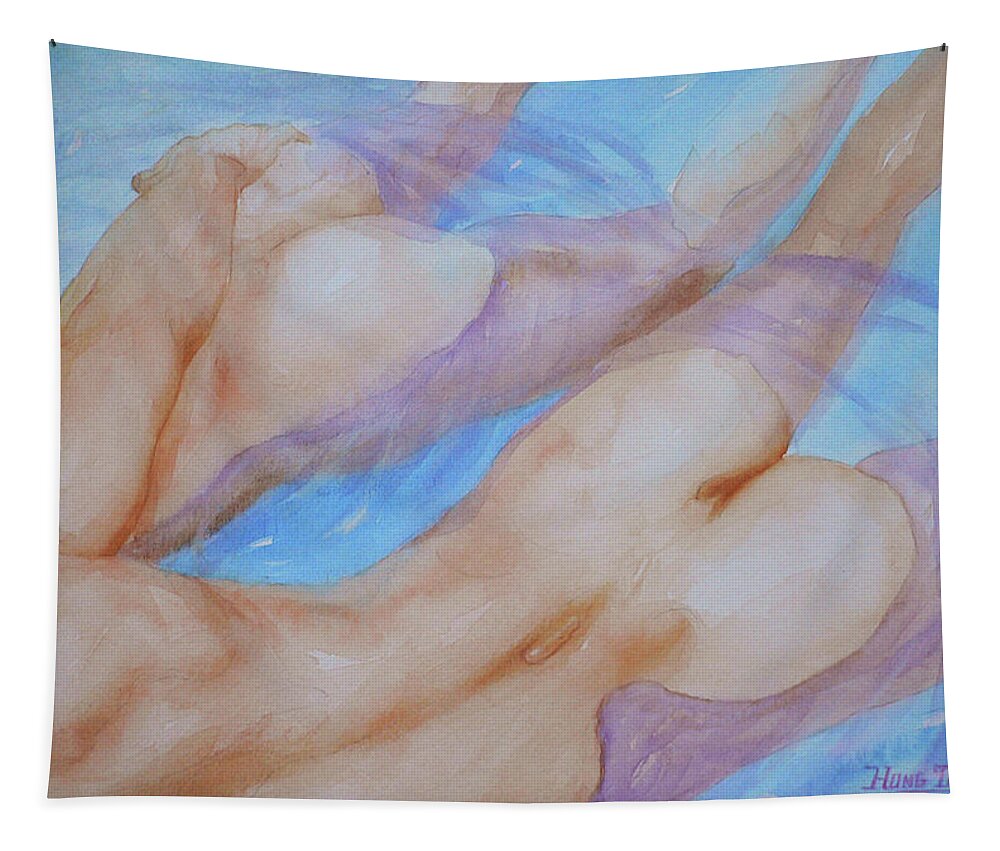Swimming Pool Tapestry featuring the painting Watercolour Painting Gay Interest Men In Swimming Pool #16-12-21 by Hongtao Huang