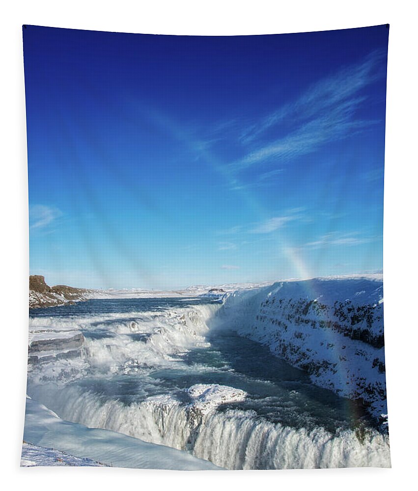 Gullfoss Tapestry featuring the photograph Waterfall Gullfoss in winter Iceland Europe by Matthias Hauser