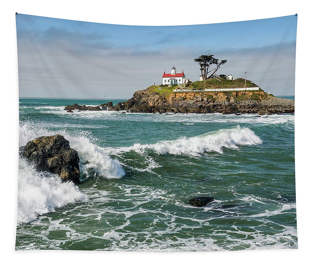 Crescent City Tapestry featuring the photograph Wave Break and the Lighthouse by Greg Nyquist