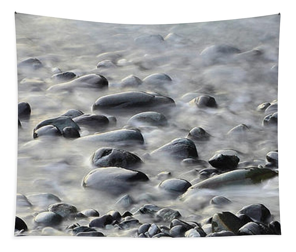 Panoramic Tapestry featuring the photograph Waves on cobble-panoramic by Brian Pflanz