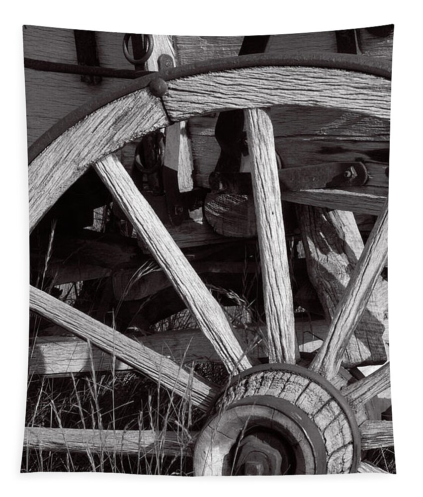 Wagon Tapestry featuring the photograph Weathered Wagon Wheel by Peggy Dietz