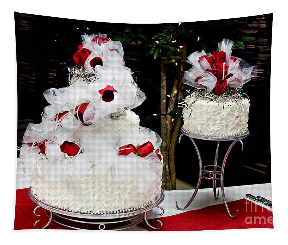 Cake Tapestry featuring the photograph Wedding Cake And Red Roses by Andee Design