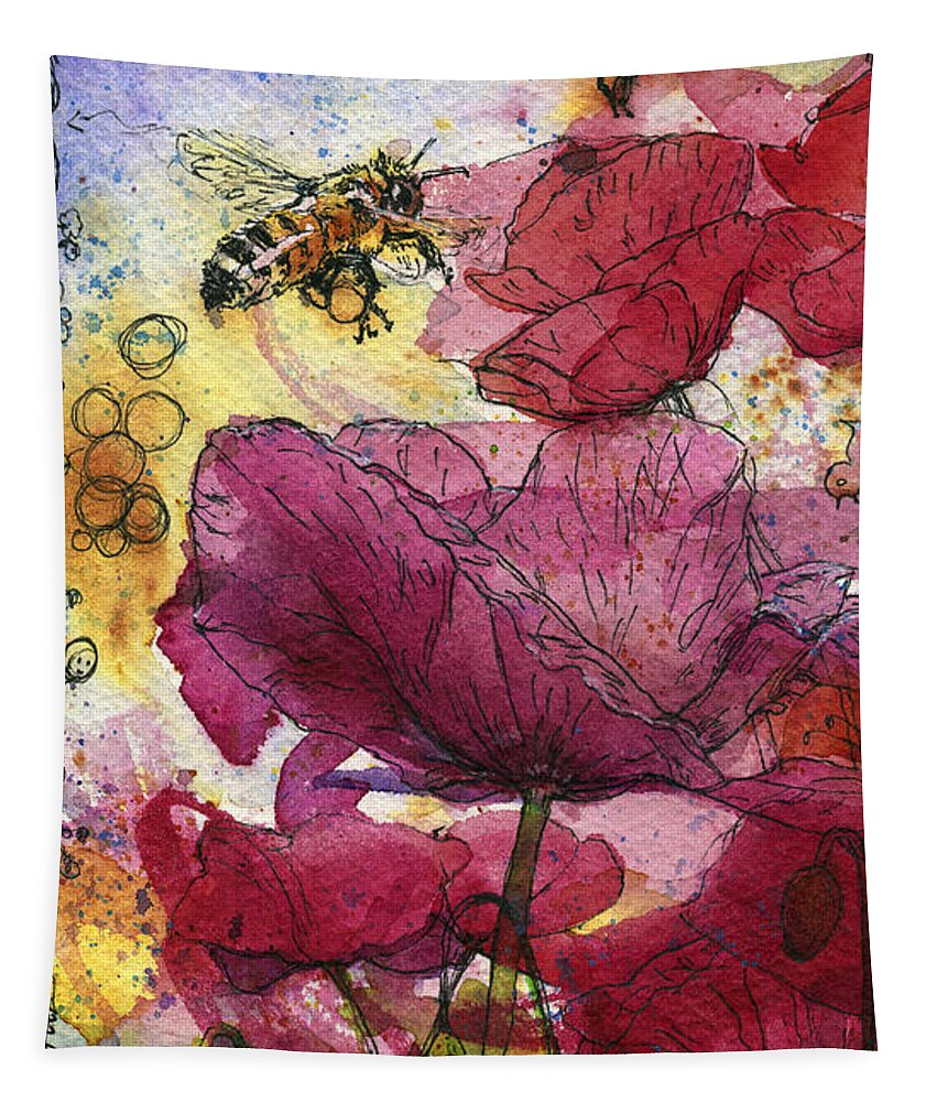 Bees Tapestry featuring the painting Wee Bees and Poppies by Petra Rau