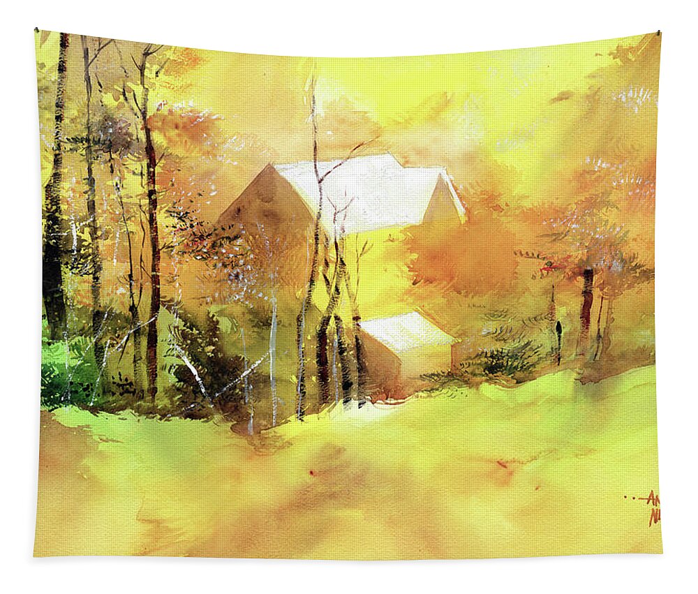 Nature Tapestry featuring the painting Welcome Winter by Anil Nene