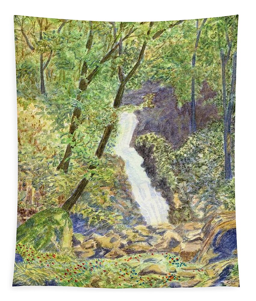 Welsh Waterfall Teifi Valley Tapestry featuring the painting Welsh Waterfall Teifi Valley Railway Line Henllan Newcastle Emlyn by Edward McNaught-Davis