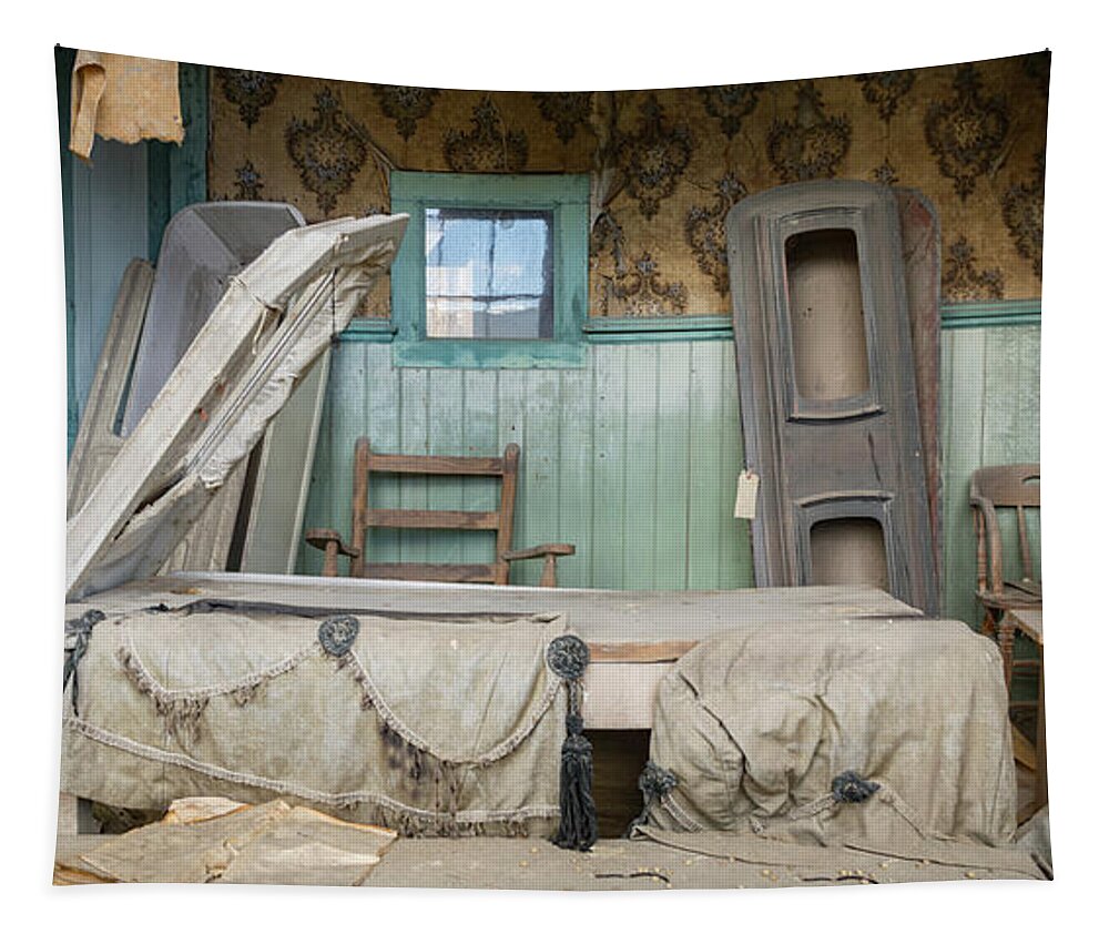 Abandoned Tapestry featuring the photograph Western frontier town morgue by Karen Foley