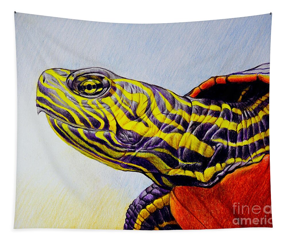 Turtle Tapestry featuring the drawing Western Painted Turtle by Christopher Shellhammer