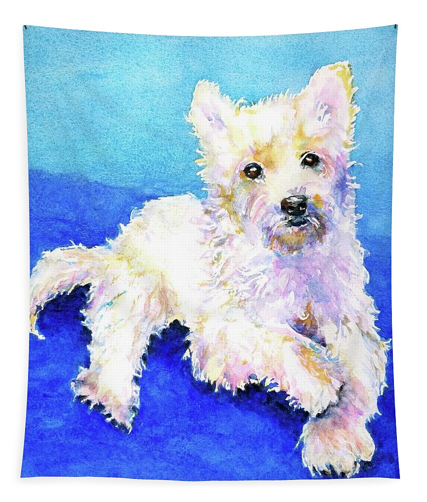 West Highland Terrier Tapestry featuring the painting Westie Painting in Watercolor by Carlin Blahnik CarlinArtWatercolor