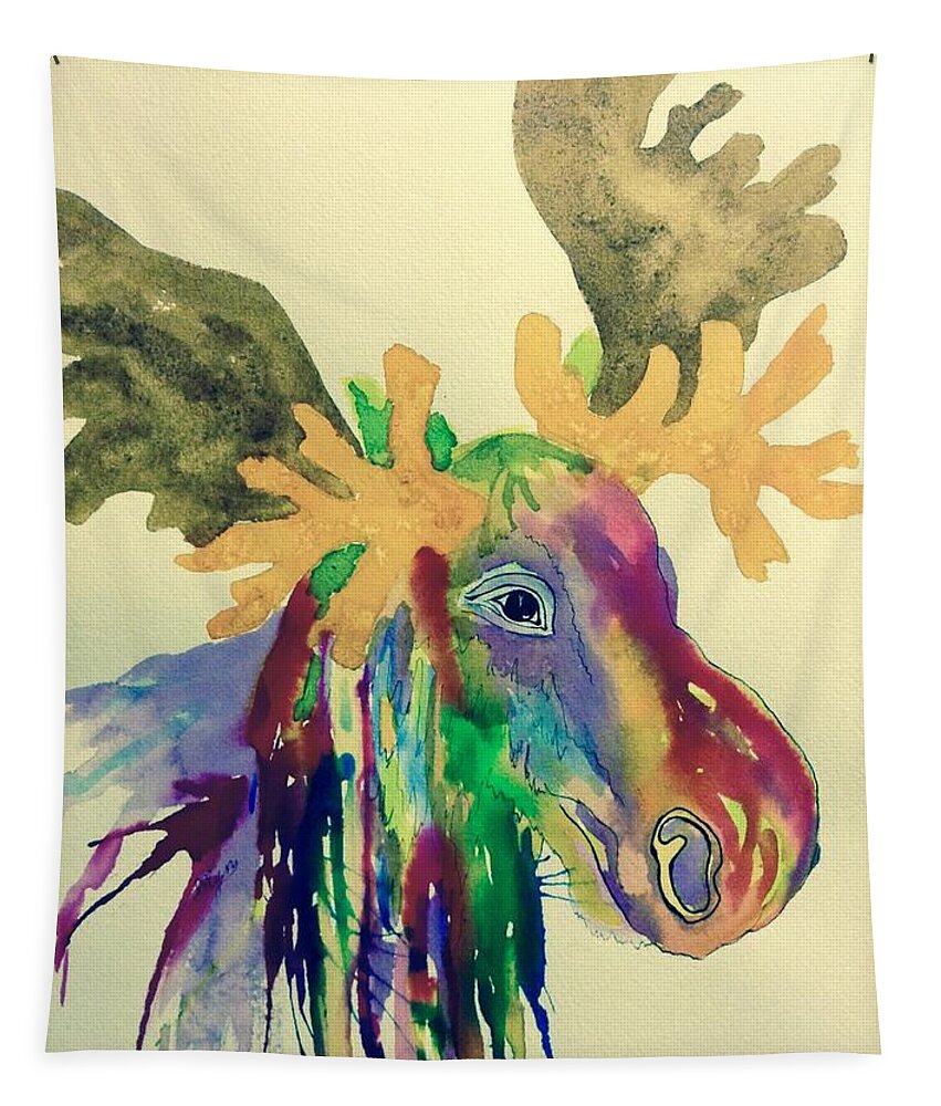 Moose Tapestry featuring the painting Whimsical Moose - Multicolored by Ellen Levinson