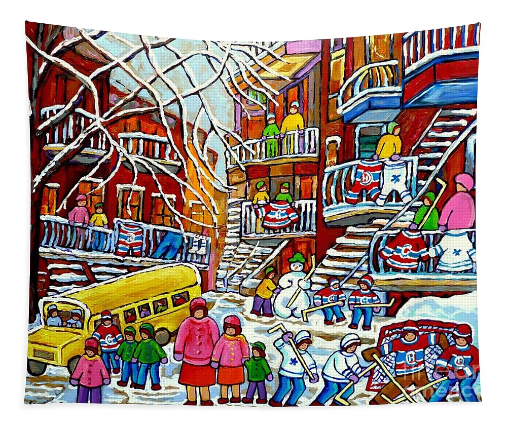 Montreal Tapestry featuring the painting Whimsical Winter Wonderland Snowy School Bus Montreal Story Book Scene Hockey Art Carole Spandau   by Carole Spandau