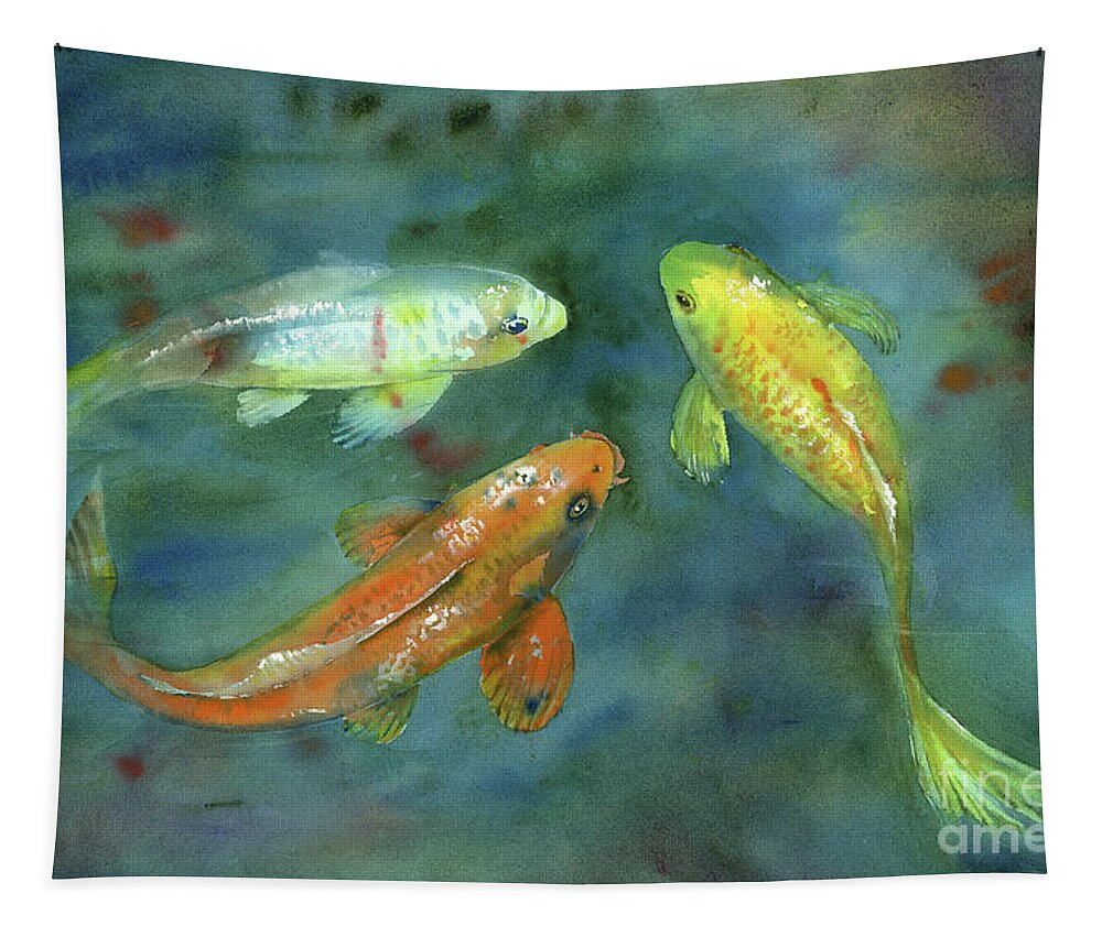 Watercolor Koi Tapestry featuring the painting Whispering Koi by Amy Kirkpatrick