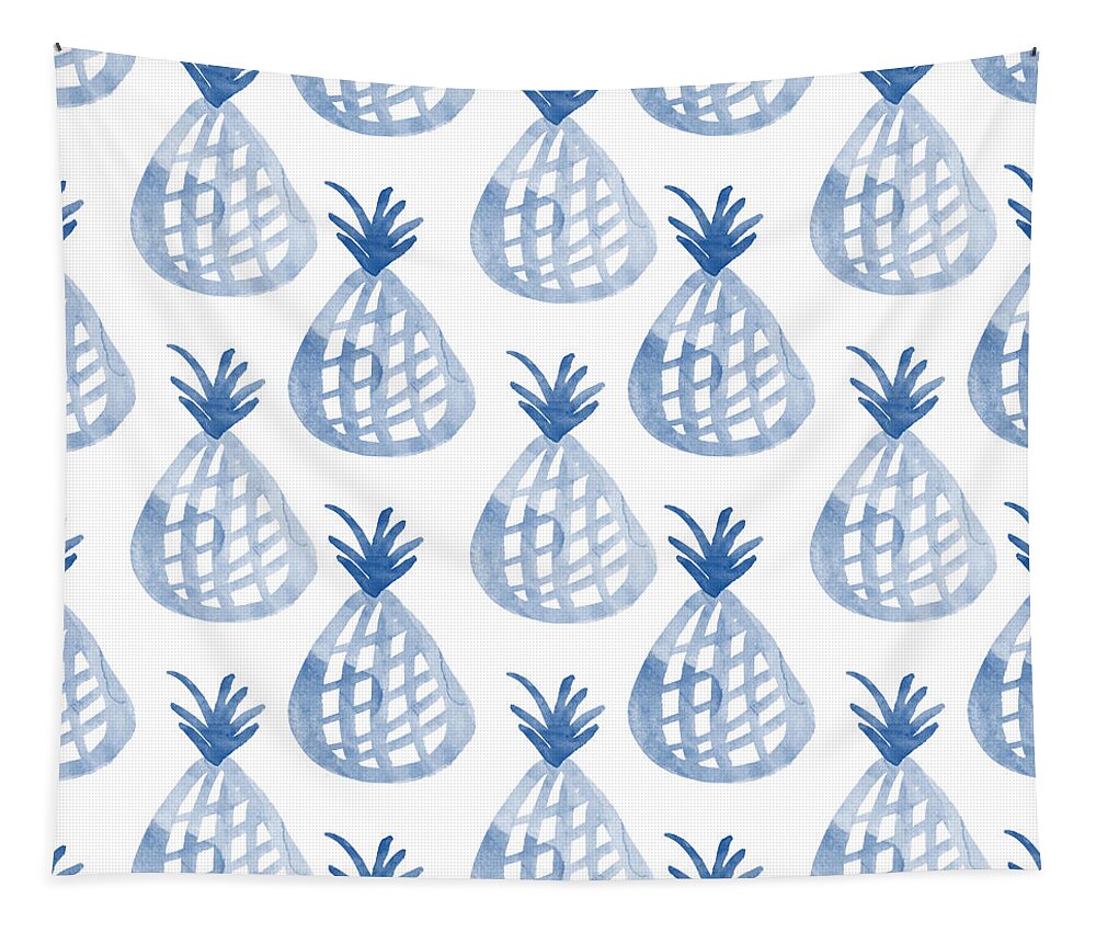 Pineapple Tapestry featuring the mixed media White and Blue Pineapple Party by Linda Woods
