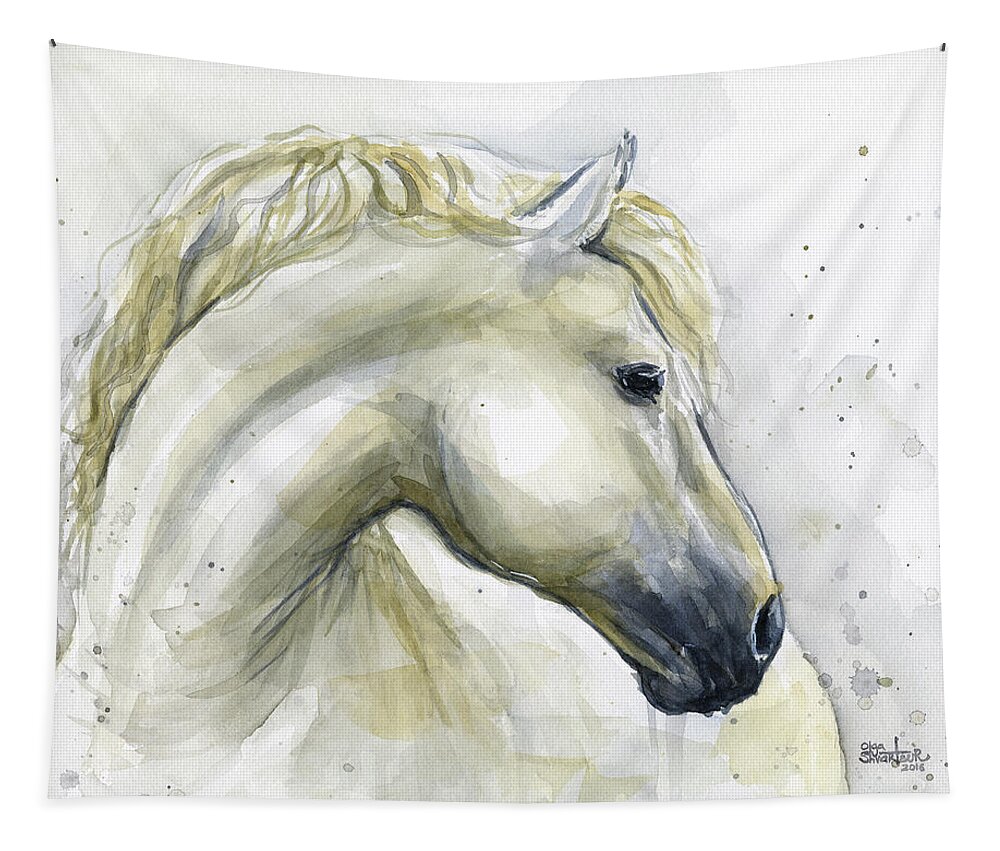 Stallion Tapestry featuring the painting White Horse Watercolor by Olga Shvartsur