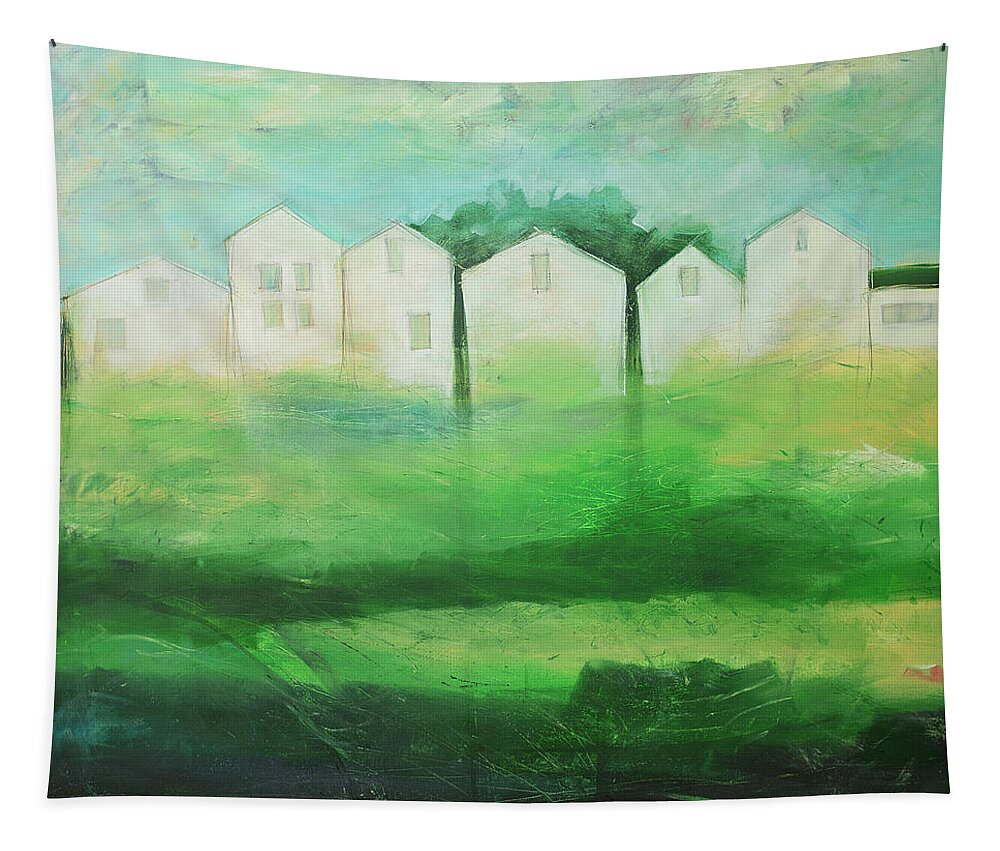 White Tapestry featuring the painting White Houses in Row by Field by Tim Nyberg