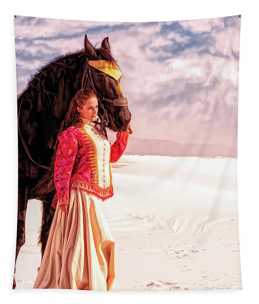 White Sands Tapestry featuring the digital art White Sands Horse and Rider #2b by Walter Herrit