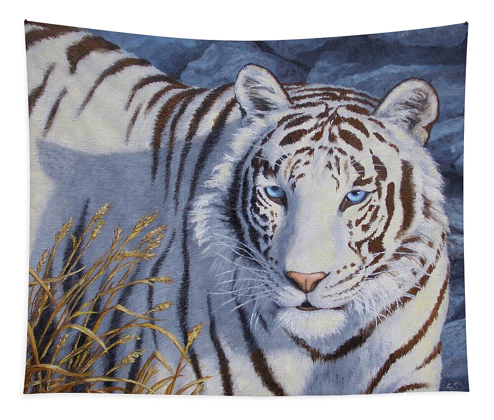 Cat Tapestry featuring the painting White Tiger - Crystal Eyes by Crista Forest
