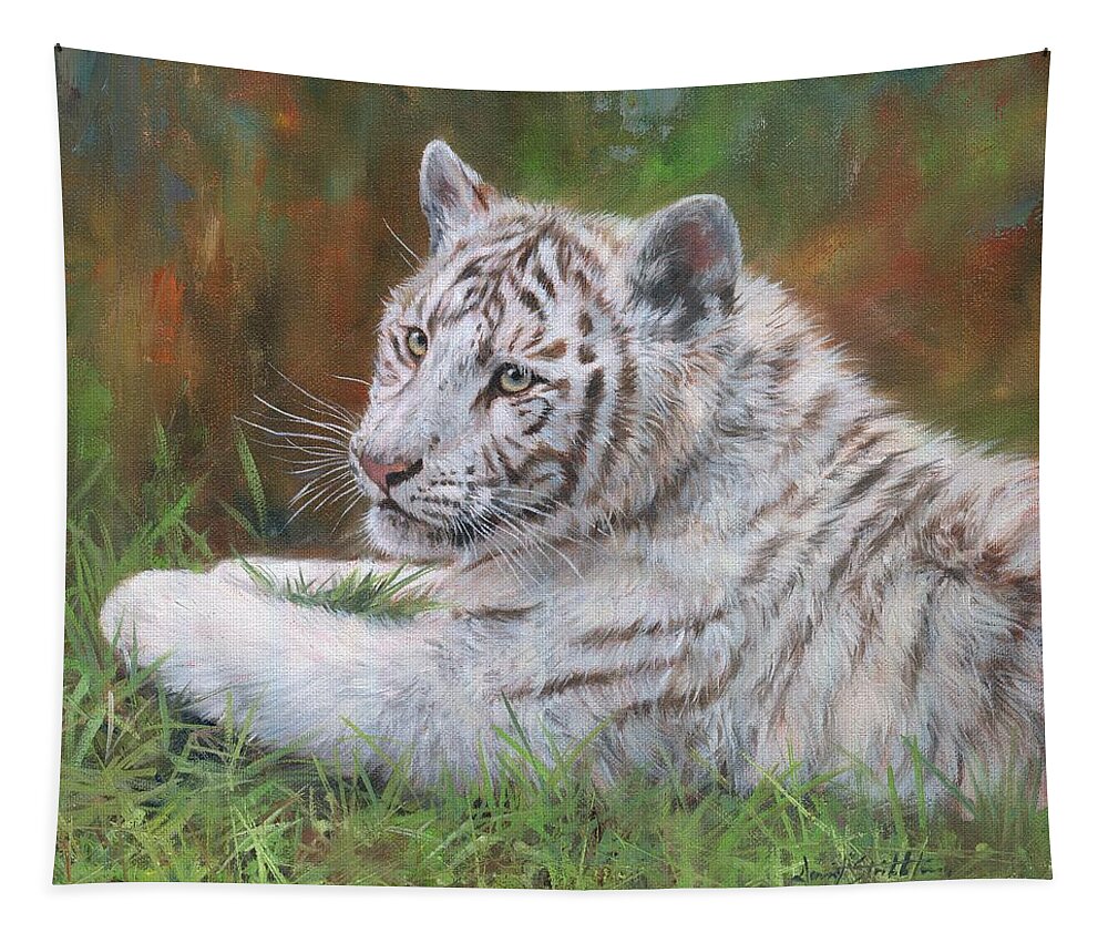 Tiger Tapestry featuring the painting White Tiger Cub 2 by David Stribbling